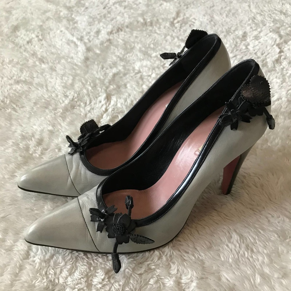 Prada Gray and Black Heels with Floral Detail